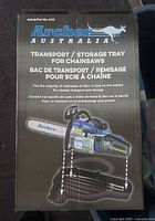Front of the box showing brand Archer Australia and image of transport/storage tray holding chainsaw, highlighting fit for most chainsaws 55cc or less.