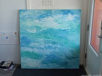 Front view of large square acrylic painting with cloud theme on canvas measuring 48x48 inches.