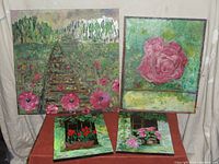 Four acrylic canvas paintings arranged with two larger on top and two smaller below, showing floral and nature themes