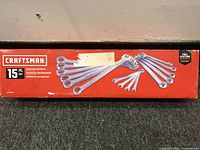 Front view of Craftsman 15-piece SAE raised panel wrench set box with image of wrenches and brand markings