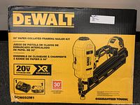 Front of original DeWalt box showing model, kit contents, 20V Max XR brushless branding