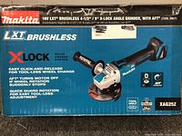 Box front showing Makita angle grinder with 18V LXT brushless motor, 4-1/2" / 5" disc size, X-Lock quick change system, and AFT technology.