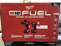 Front of color box showing M18 FUEL branding, tool images, features and model number 3697-22
