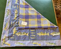 Blue quilted square tablecloth with fish border design and yellow and blue plaid center folded to show pattern.