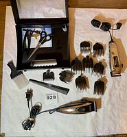 Overview of first grooming kit showing Wahl electric clipper, multiple black plastic guide comb attachments, metal comb, scissors, cleaning brush, and black carrying case.