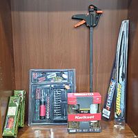 Full lot displayed: 44-piece Lightning Driver set, paint rollers, Kwikset lock set, bar clamp, two wipers.