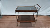 Full side view of the Salton Hotray electric serving cart showing wooden handles, metal frame, glass top, and lower wooden shelf.