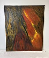 Full view of large rectangular abstract oil painting showing composition of fiery red and orange hues on right with dark textured left side.