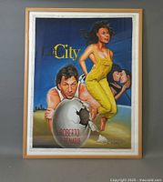 Framed oil painting showing three human figures and text 'City' and 'Roberto Bemabib'