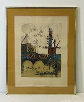 Full view of framed lithograph artwork with beige mat and silver frame.