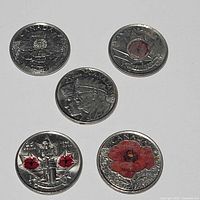 Five Remembrance Day quarters, reverse designs visible