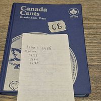 Front cover of blue Uni-Safe Canada Cents album with handwritten note of date range and missing years