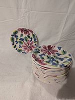 Stack of 13 floral patterned dinner plates with one plate displayed upright showing the pattern clearly.