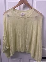 Front view of light green sheer long sleeve shirt on hanger showing knit texture and ribbed neckline and cuffs.