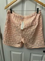 Front view of pink shorts displaying circular textured pattern and waistband with zipper.
