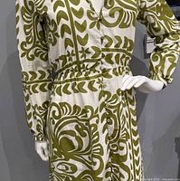 Front view of long sleeve green and white patterned Zara dress on mannequin, showing collar, button front, and elastic waist.