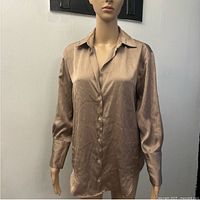 Full front view of the Zara women's silk long sleeve shirt displayed on mannequin, showing color, texture, and button details.