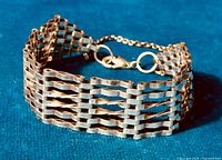 Close-up photo of bracelet showing chain and link pattern and non-silver lobster clasp with safety chain.