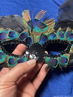 Front view of the masquerade mask showing peacock feathers, black sequins and eye holes