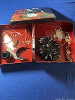 Full view of large jewelry box with open lid showing floral design and assorted jewelry inside, including feathers and gold-tone pieces.