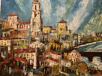 Close-up image showing signature 'T Moss' on the painting and details of brush strokes and texture.