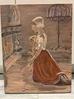 Photo of the full acrylic painting of two girls kneeling by a fireplace, showing the composition and colors.