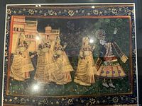 Close-up detailed photo of the hand-painted South Asian silk painting showing figures in traditional attire and palace backdrop.