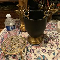 Photo showing the black metal planter with brass decorative bird-head handles and brass base, alongside the brass trivet on a patterned rug with a water bottle for scale.