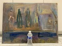 Front view of the large abstract oil painting featuring abstract bottles and architectural shapes, with a water bottle placed in front for scale.