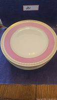 Top view of a single pink and gold dinner plate showing pattern and color details.
