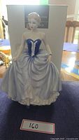 Front view of the Royal Doulton Susan 2004 figurine with dress in blue and white, standing in front of the box.