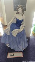 Full view of Royal Doulton Moonlight Serenade figurine showing lady in blue gown holding shawl.