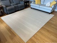 Beige and white area rug placed on wooden floor, showing the full view and texture of the rug in natural lighting.
