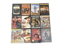 Top view of all 12 Western movie DVDs laid out together, showing front cover artwork.