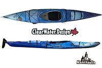 Top-down and side views of the sky-blue touring kayak showing deck rigging, cockpit and rudder.