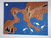 Full view of the Indigenous dot painting showing the landscape, human figures, birds and water in vibrant traditional colors.