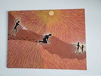 Front view of the Indigenous dot painting showing human figures, sun rays, and traditional dot pattern in pink, brown, yellow, and black colors.