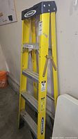 Full view of yellow Werner fiberglass ladder standing upright showing 5 steps and metal braces