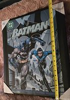 Full front view of Batman and Nightwing canvas art with tape measure showing approx. 20 inches height and 15.5 inches width.