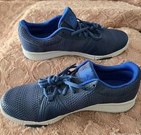 Photo showing side profiles of new blue Reebok Flexile training shoes with white sole and blue laces.