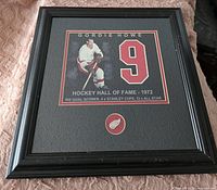 Framed print showing Gordie Howe in white Detroit Red Wings hockey uniform, number 9, detailed achievements and a pin beneath.