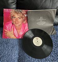 Photo showing the vinyl record laid out in front of the album cover and the inner protective sleeve on a blue carpet.