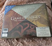 Front view of the sealed box set showing Game of Thrones artwork, logos, and collector's edition content highlights.