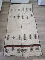 Full view of wool blanket laid flat on floor showing overall pattern and size