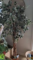 Full height view of the faux tree showing variegated leaves and plastic pot at base.