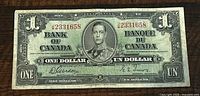 Front side of the 1937 Canadian one dollar banknote showing King George VI portrait and serial numbers.