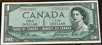 Full view of the 1954 Canadian 1 dollar banknote showing portrait of Queen Elizabeth II and serial number N5002035.