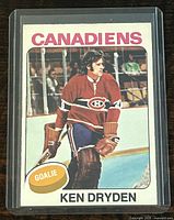 Front of the 1975-76 O-Pee-Chee Ken Dryden Montreal Canadiens hockey card #35 showing him in goalie gear on ice.