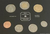 Front photo of seven Canadian coins arranged around Royal Canadian Mint emblem on black felt inside case