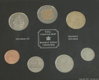 All 7 coins in the specimen set displayed in black holder with Royal Canadian Mint logo and text.